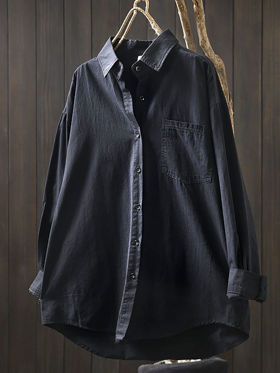 Women Artsy Pure Color Turn-down Collar 100%Cotton Shirt