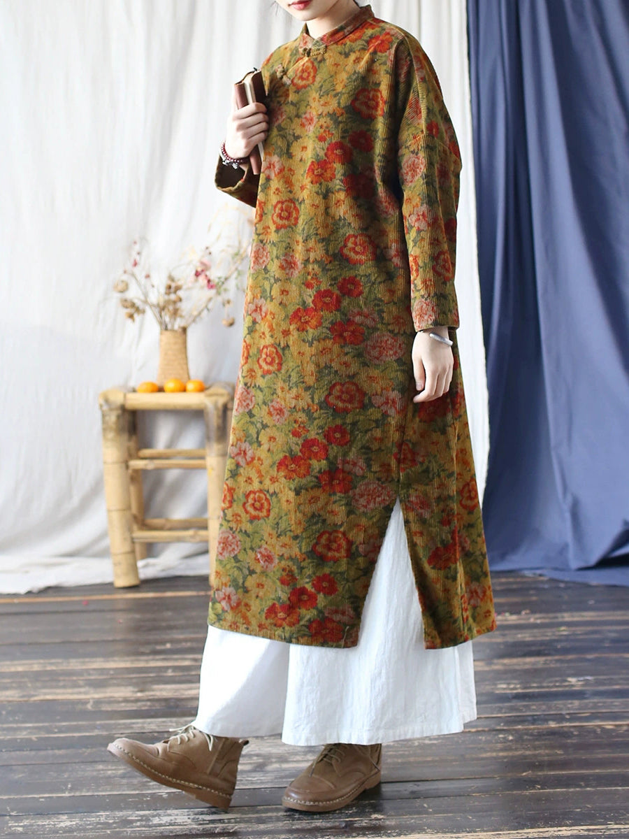 Women Autumn Ethnic Flower Stand Collar Croduroy Dress