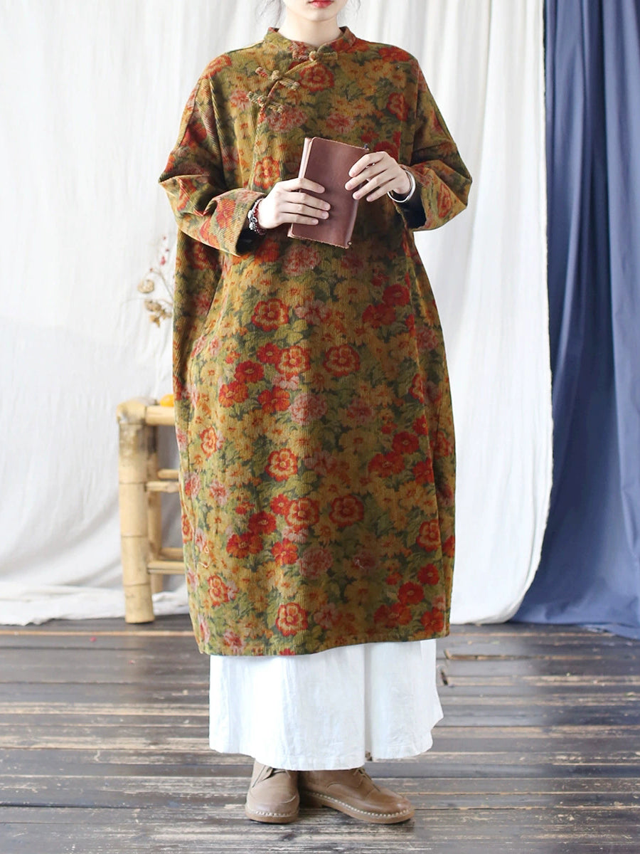 Women Autumn Ethnic Flower Stand Collar Croduroy Dress