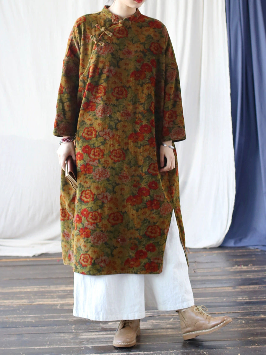 Women Autumn Ethnic Flower Stand Collar Croduroy Dress