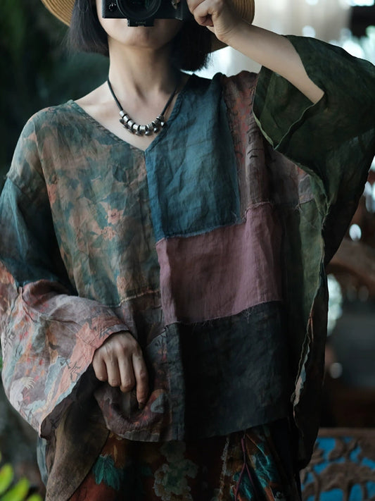 Women Summer Vintage Flower Patchwork Ramie Shirt
