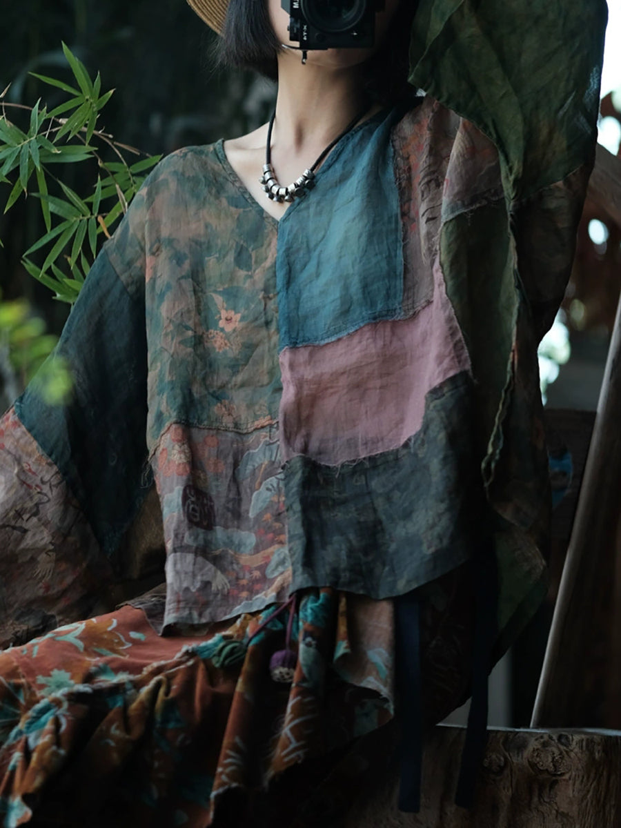 Women Summer Vintage Flower Patchwork Ramie Shirt