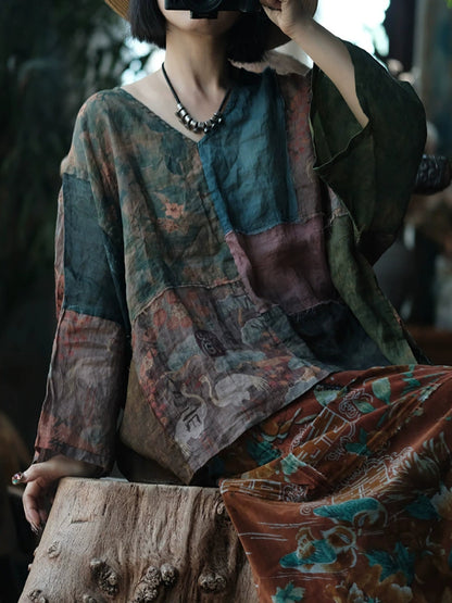 Women Summer Vintage Flower Patchwork Ramie Shirt