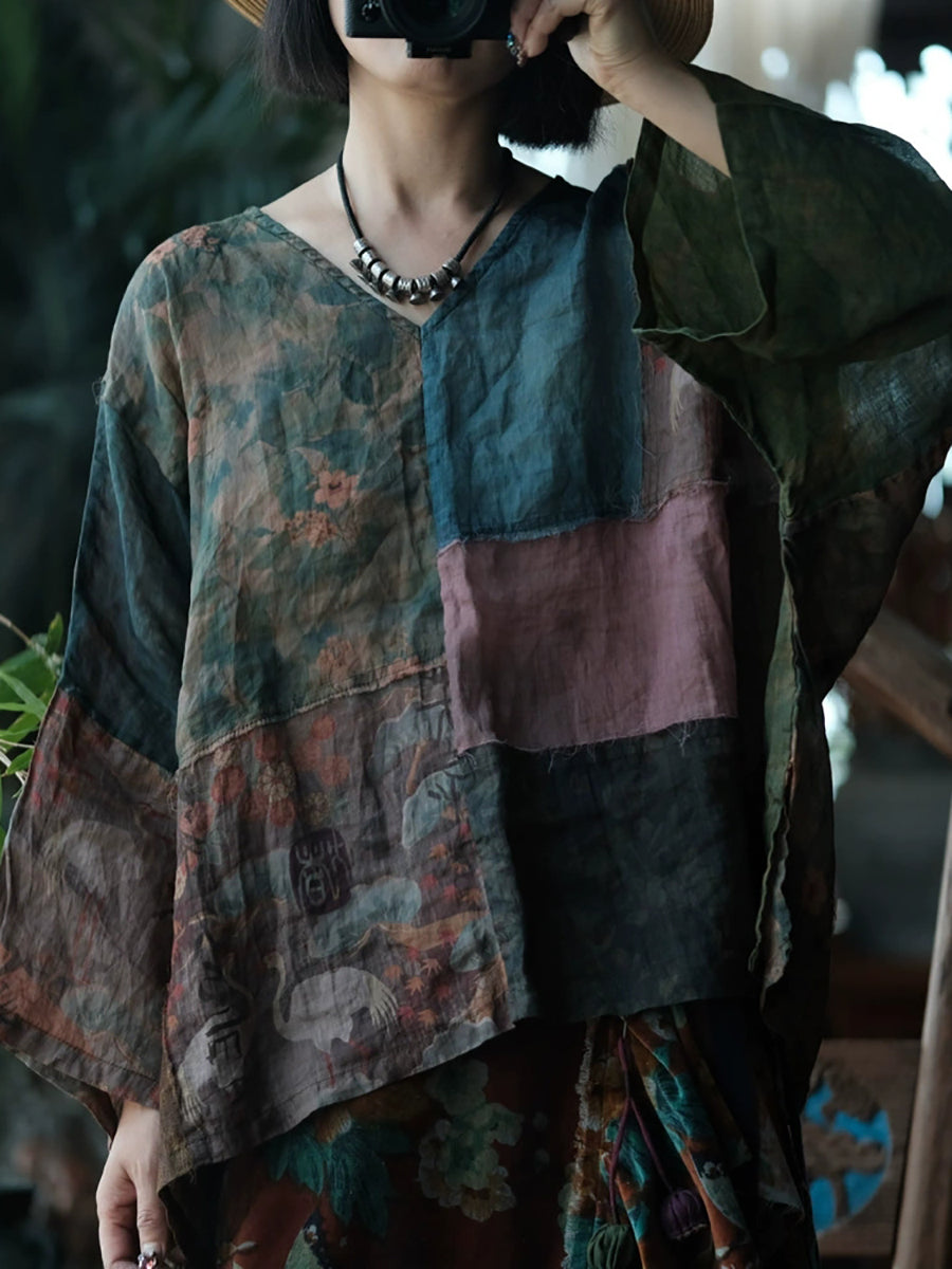 Women Summer Vintage Flower Patchwork Ramie Shirt