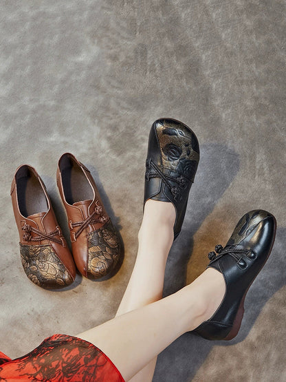 Women Retro Flower Leather Spliced Low Heel Shoes