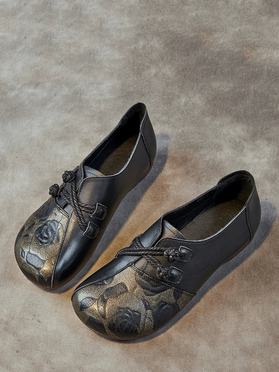 Women Retro Flower Leather Spliced Low Heel Shoes