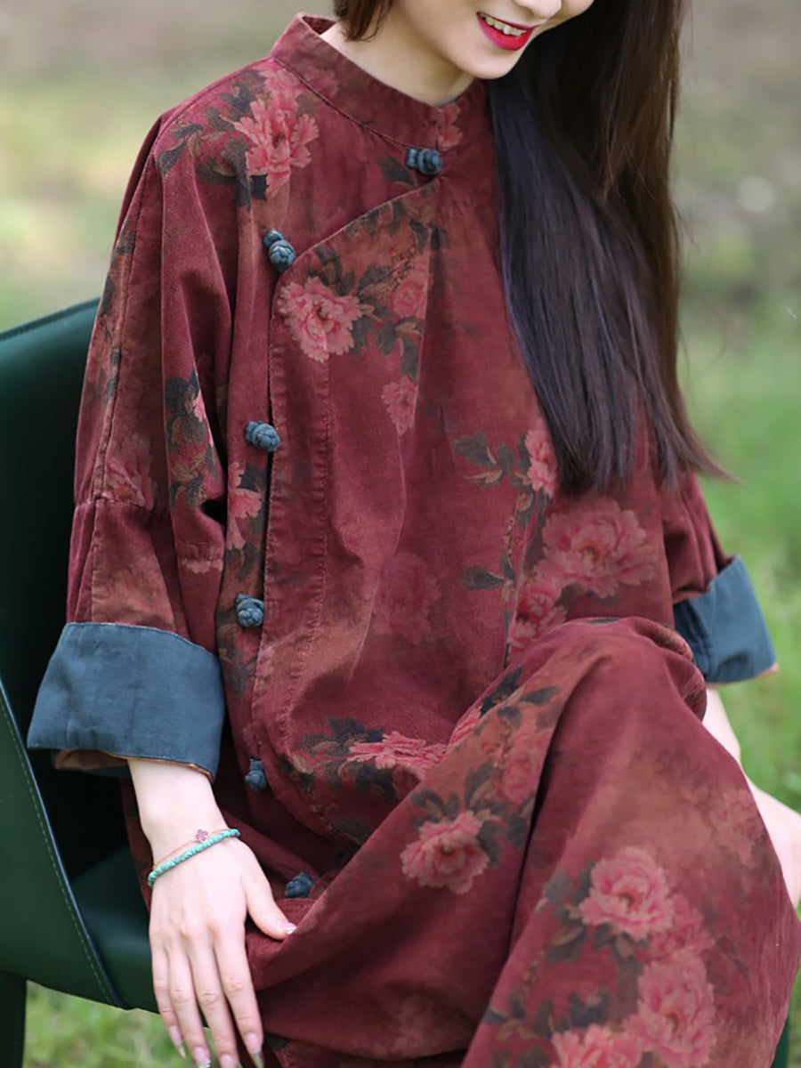 Women Summer Ethnic Flower Stand Collar Robe Dress