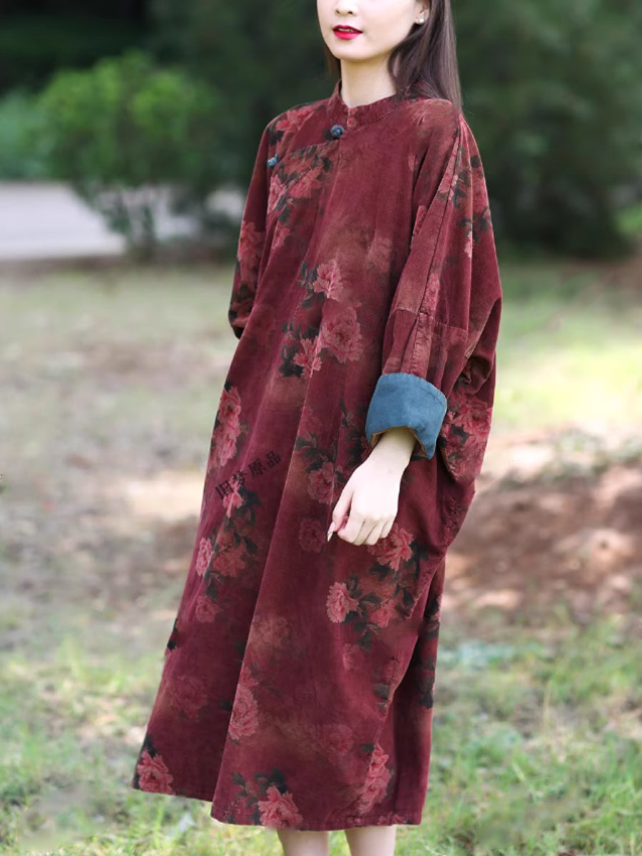 Women Summer Ethnic Flower Stand Collar Robe Dress