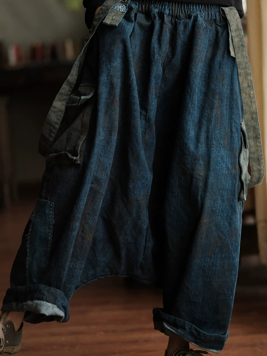 Women Summer Retro Cotton Low Crotch Pants Jumpsuits