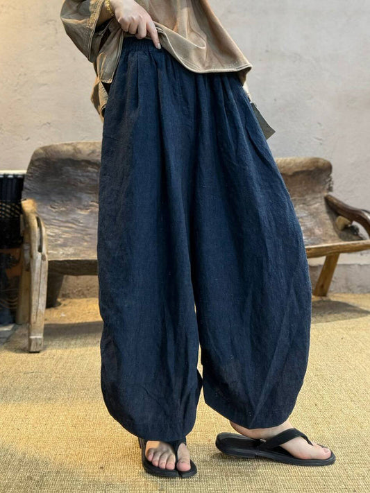 Women Summer Retro Pure Color 100%Linen Loose Bloomers