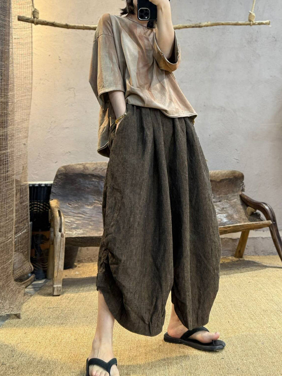 Women Summer Retro Pure Color 100%Linen Loose Bloomers