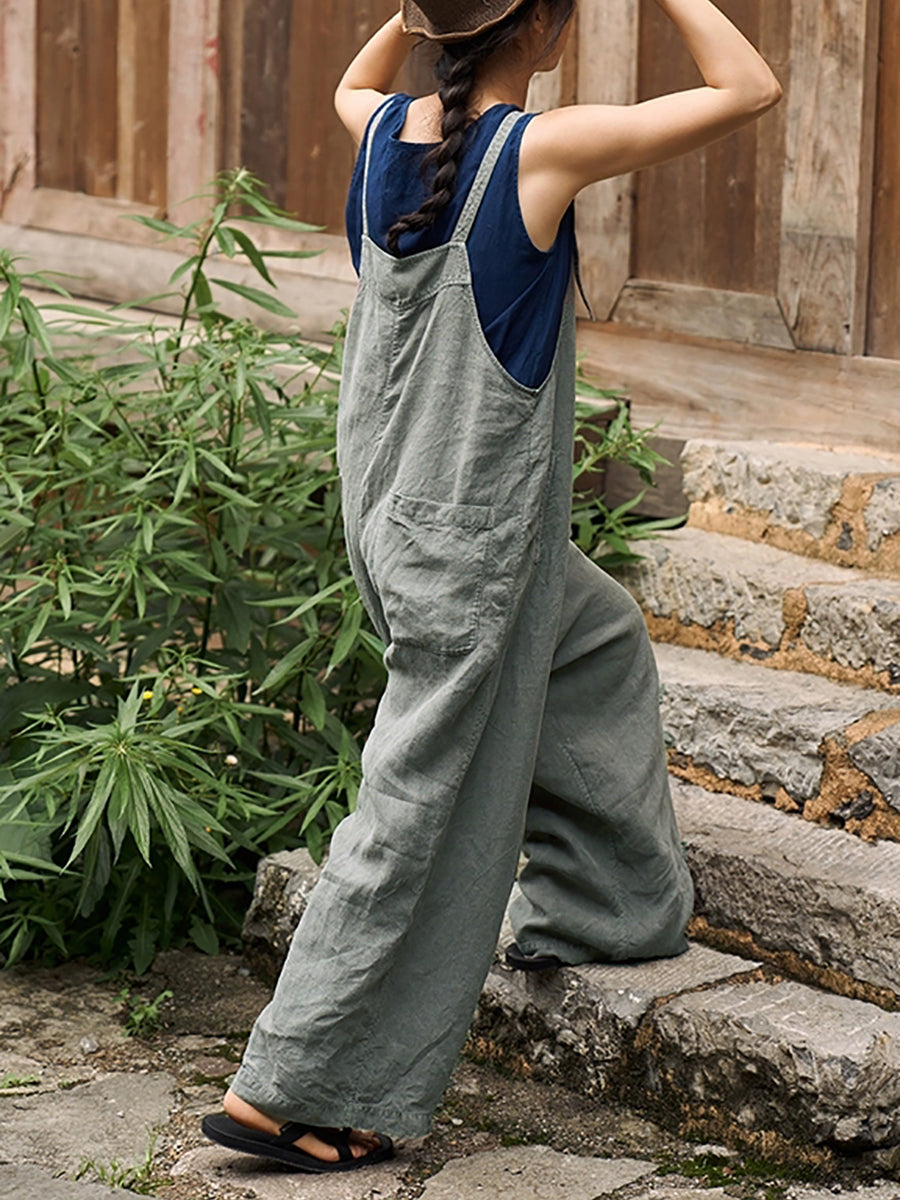 Plus Size Women Summer Retro Pure Color Jumpsuits