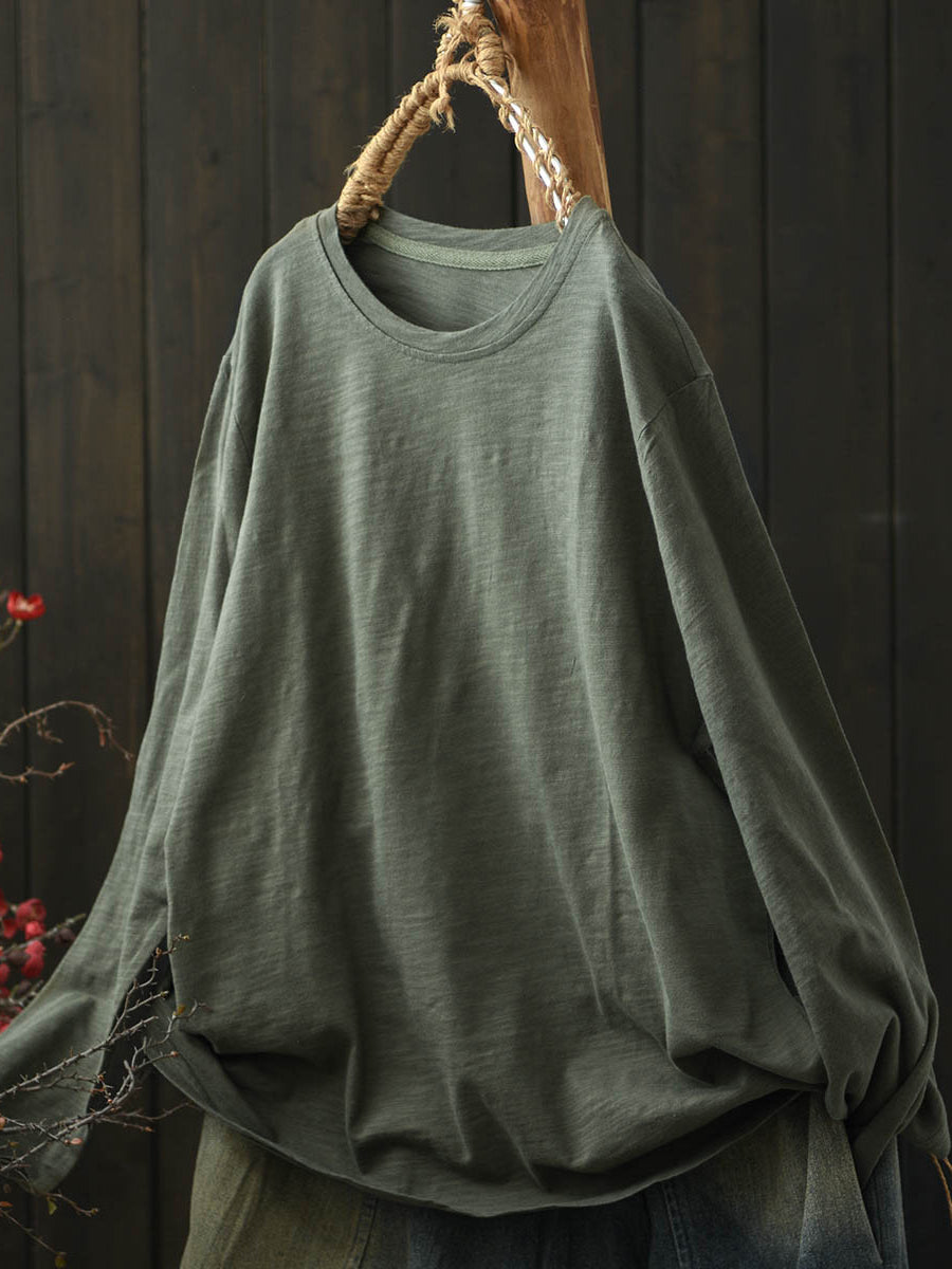 Women Casual Autumn Pure Color O-Neck Cotton Shirt