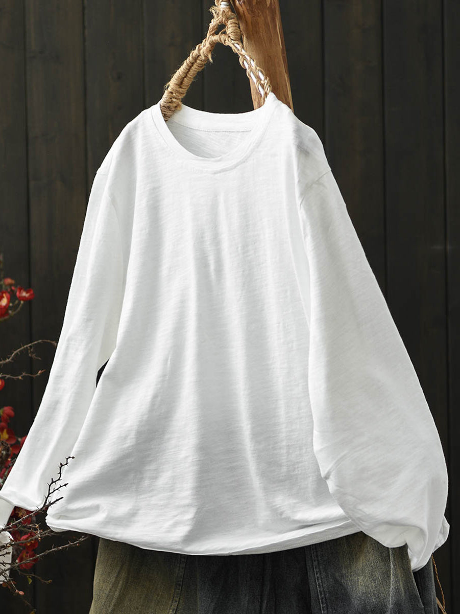 Women Casual Autumn Pure Color O-Neck Cotton Shirt