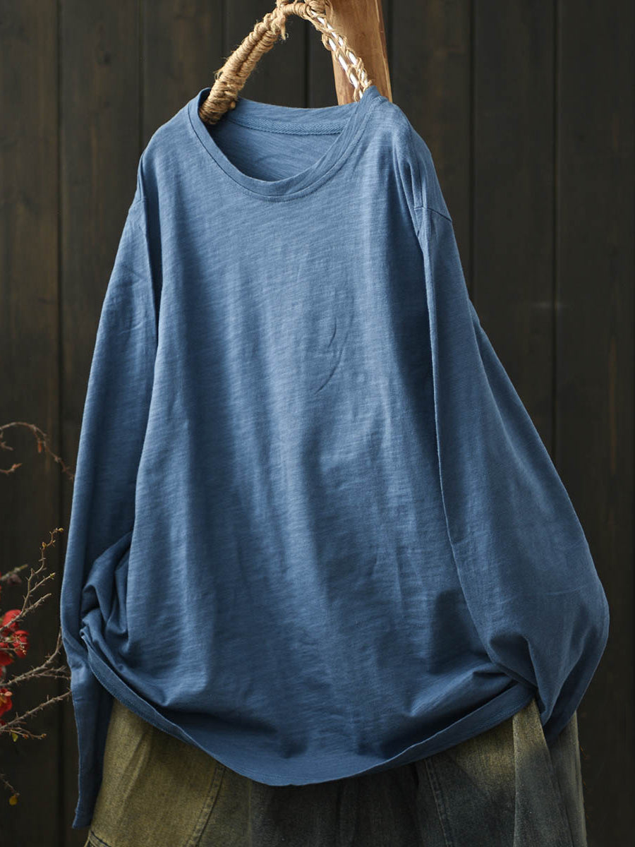 Women Casual Autumn Pure Color O-Neck Cotton Shirt