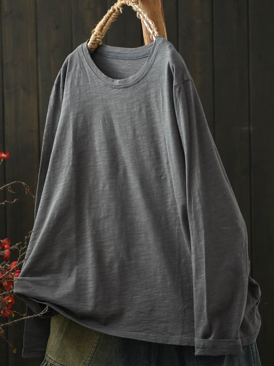 Women Casual Autumn Pure Color O-Neck Cotton Shirt