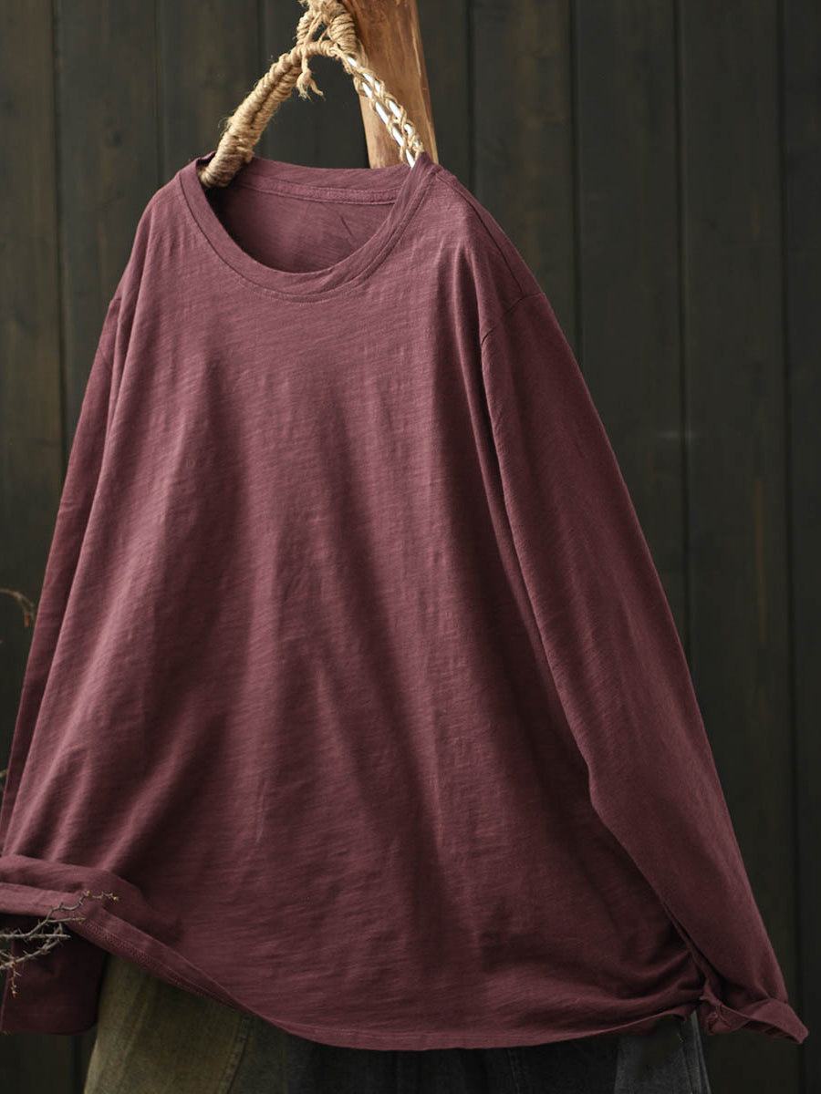 Women Casual Autumn Pure Color O-Neck Cotton Shirt