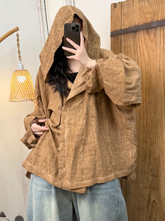 Women Autumn Vintage Pure Color Hooded Linen Shirt Coat