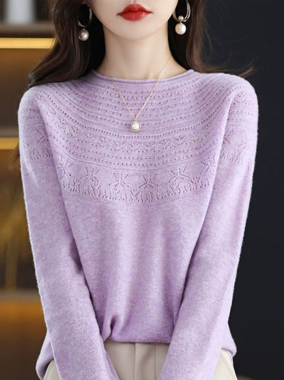 Women Autumn Elegant O-Neck Knitted Wool Sweater