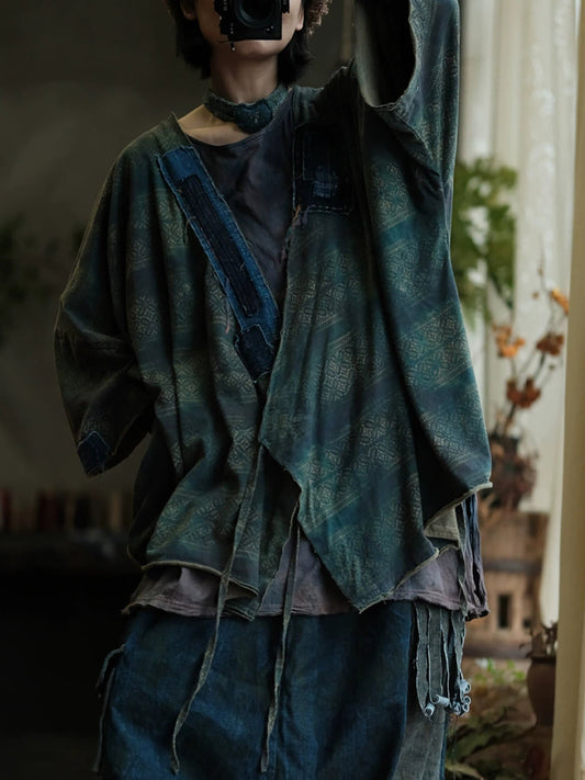 Women Autumn Retro Print Spliced V-Neck Cotton Shirt