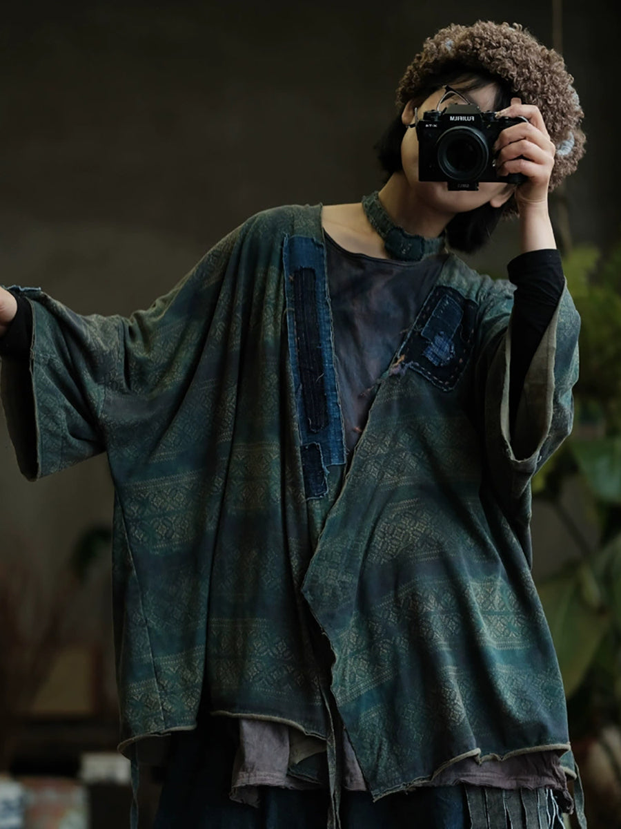 Women Autumn Retro Print Spliced V-Neck Cotton Shirt