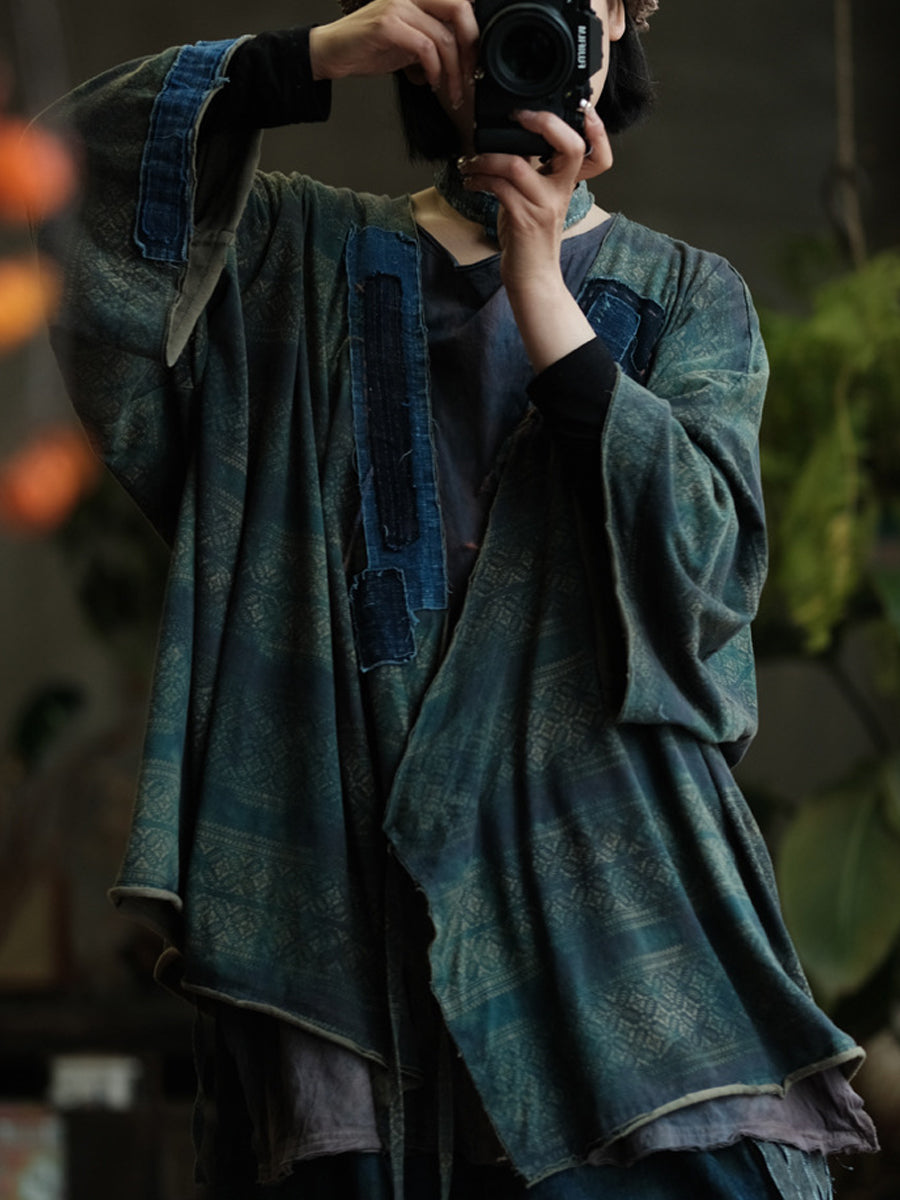 Women Autumn Retro Print Spliced V-Neck Cotton Shirt