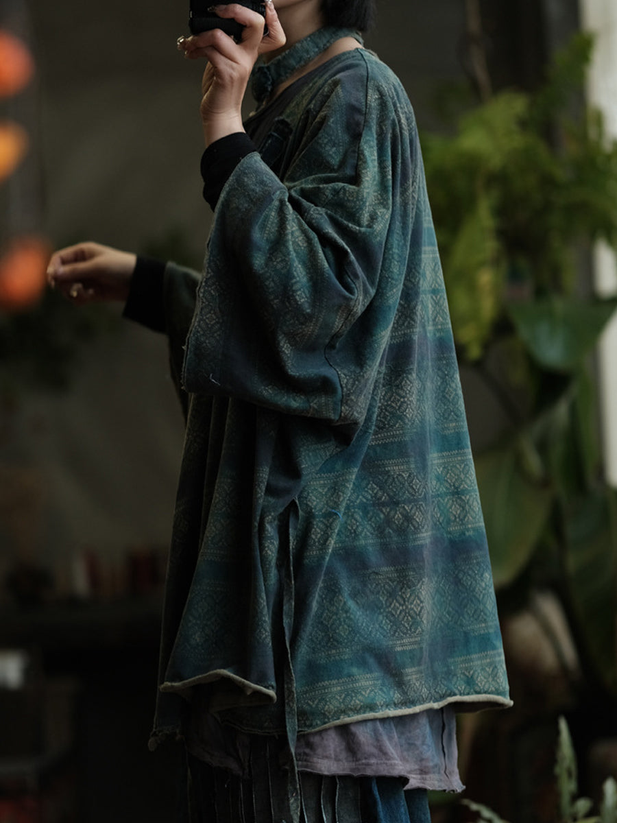 Women Autumn Retro Print Spliced V-Neck Cotton Shirt