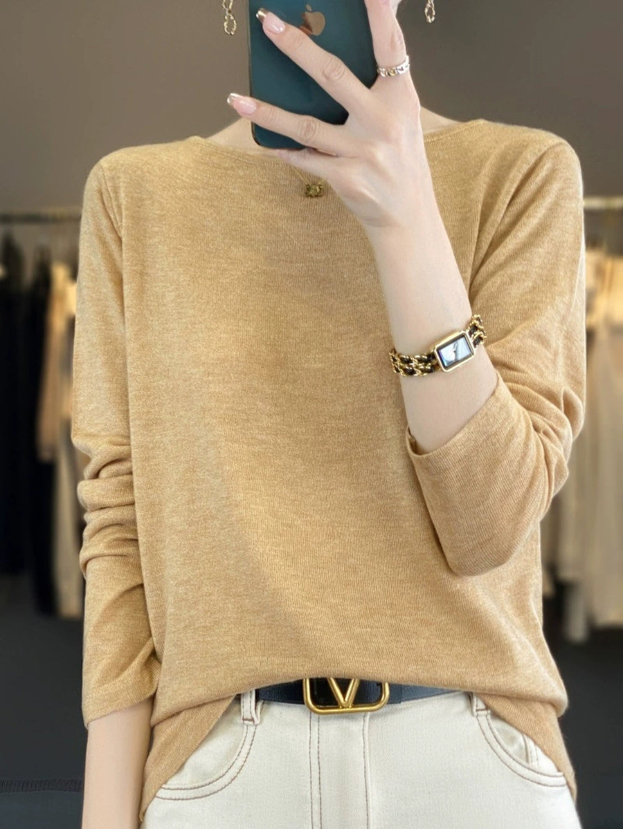 Women Autumn Casual Pure Color O-Neck Knit Sweater