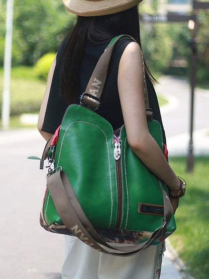 Vintage Leather Spliced Flower Shoulder Bag