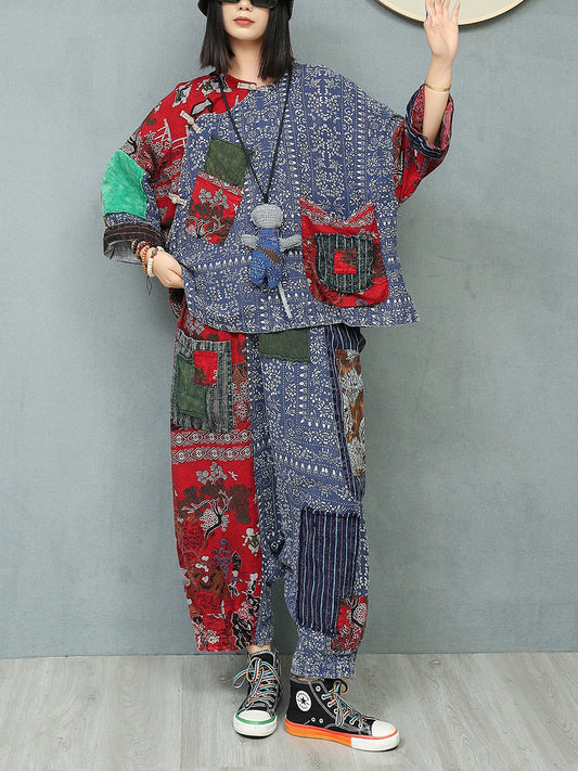 Women Autumn Ethnic Patchwork O-Neck Loose Linen Suits