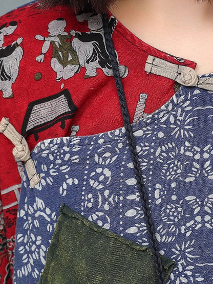 Women Autumn Ethnic Patchwork O-Neck Loose Linen Suits