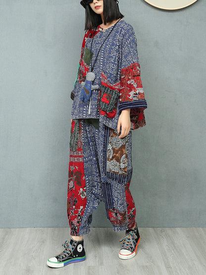 Women Autumn Ethnic Patchwork O-Neck Loose Linen Suits