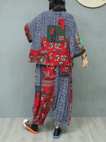 Women Autumn Ethnic Patchwork O-Neck Loose Linen Suits