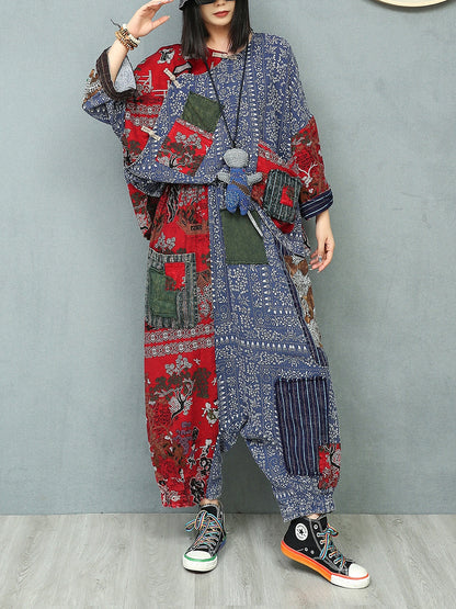 Women Autumn Ethnic Patchwork O-Neck Loose Linen Suits