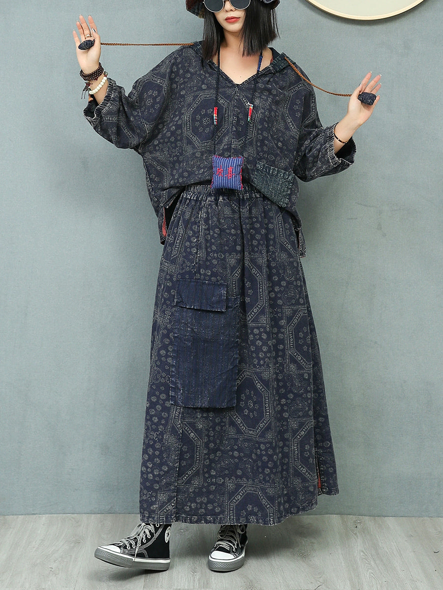 Women Autumn Retro Print Hooded Linen Suits