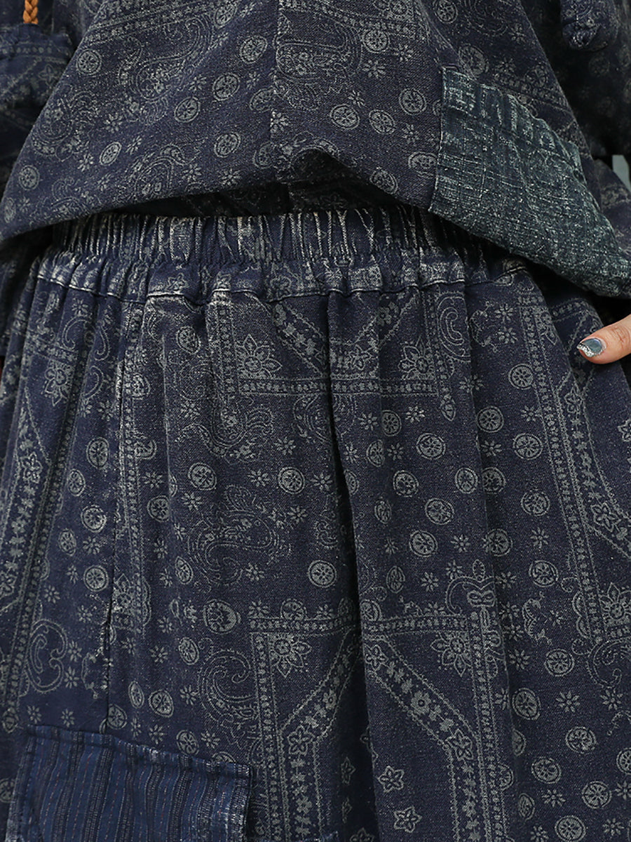 Women Autumn Retro Print Hooded Linen Suits