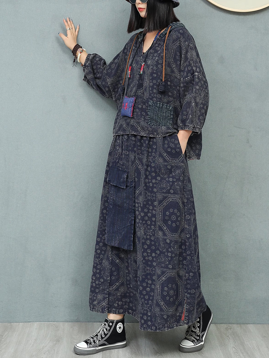 Women Autumn Retro Print Hooded Linen Suits