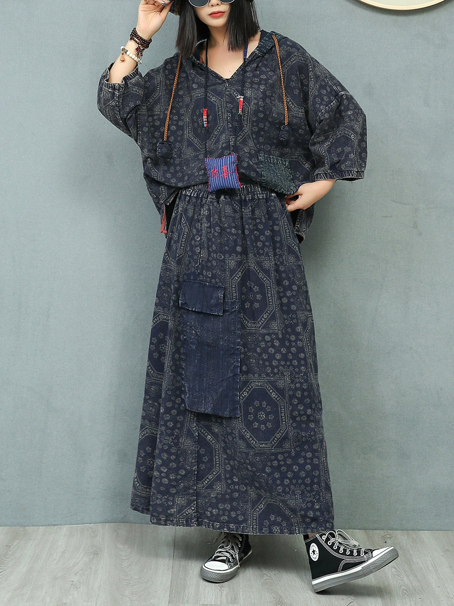 Women Autumn Retro Print Hooded Linen Suits