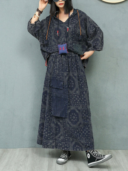 Women Autumn Retro Print Hooded Linen Suits