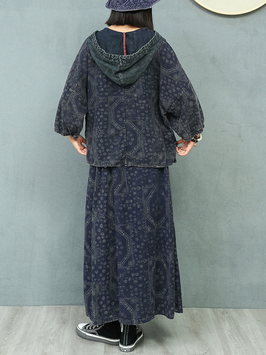 Women Autumn Retro Print Hooded Linen Suits