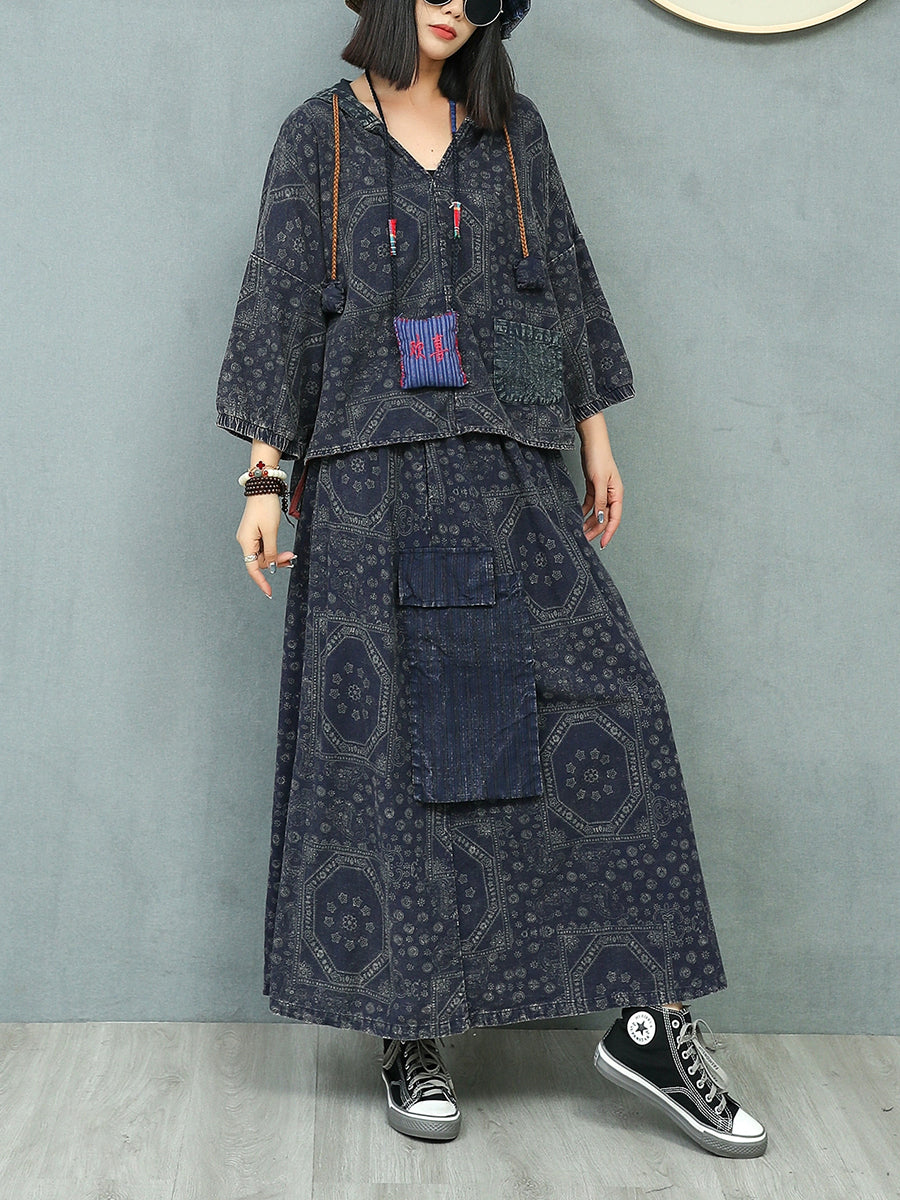 Women Autumn Retro Print Hooded Linen Suits