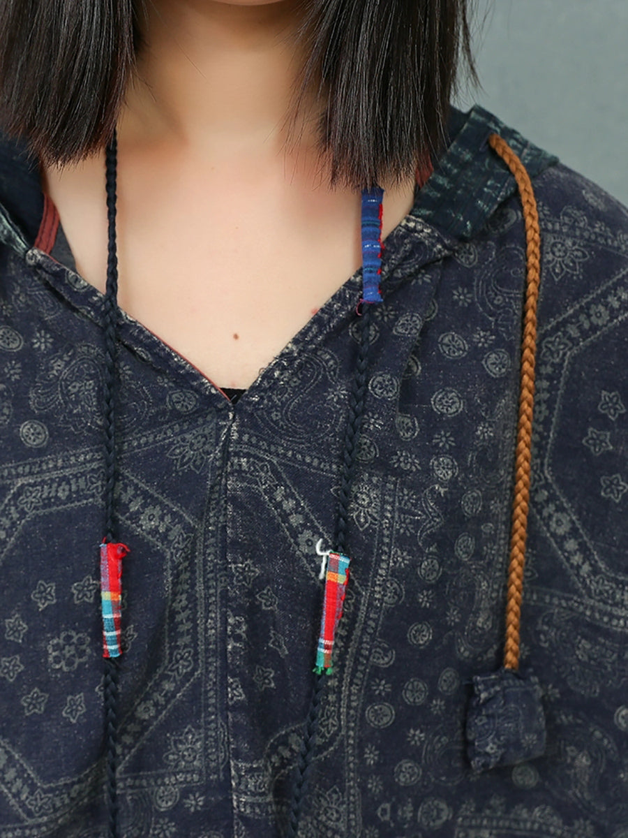 Women Autumn Retro Print Hooded Linen Suits