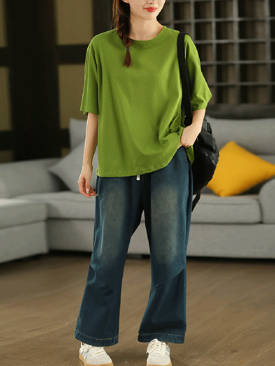 Women Casual Pure Color O-Neck  100%Cotton Shirt