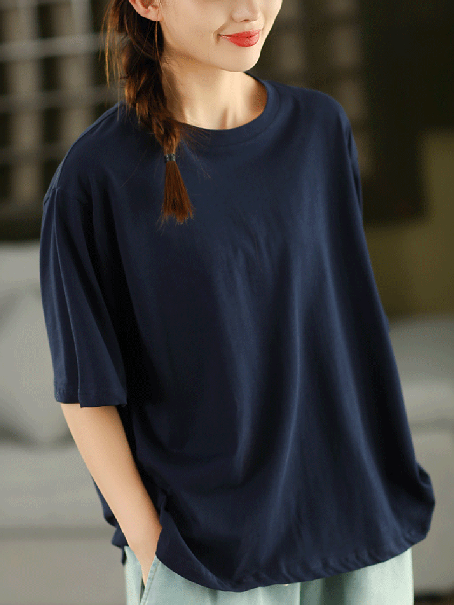 Women Casual Pure Color O-Neck  100%Cotton Shirt