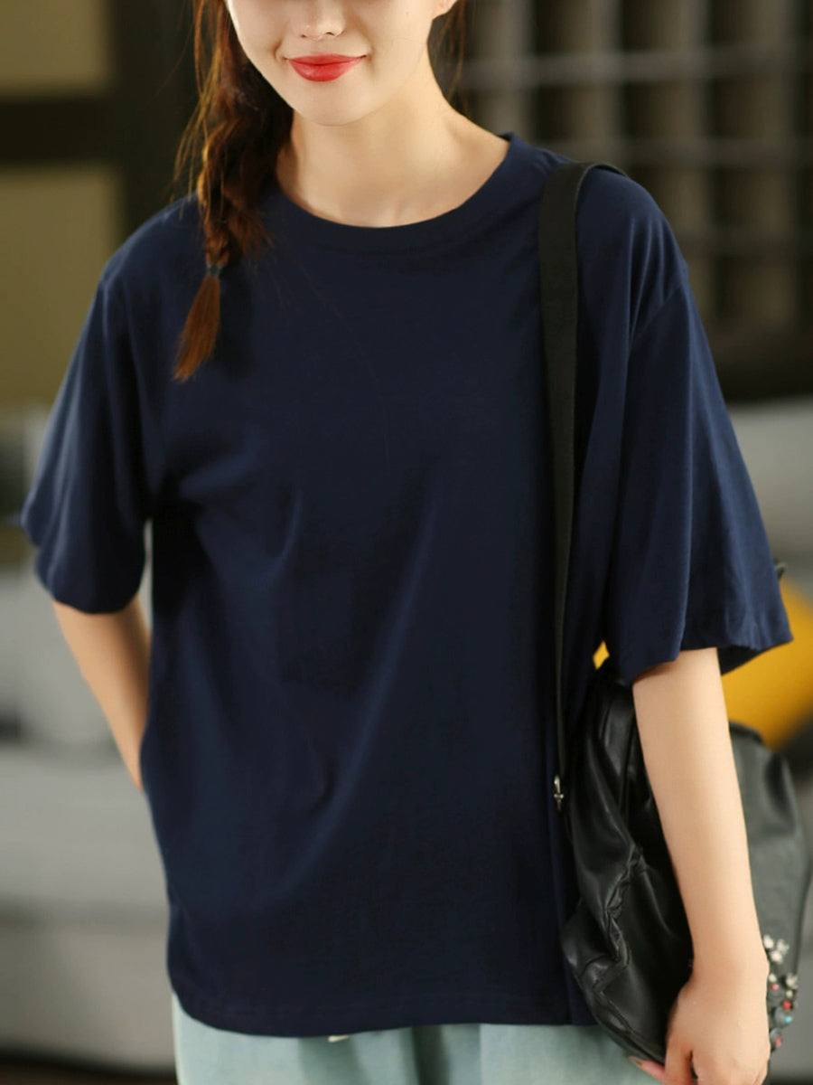 Women Casual Pure Color O-Neck  100%Cotton Shirt