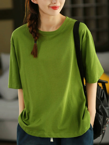 Women Casual Pure Color O-Neck  100%Cotton Shirt