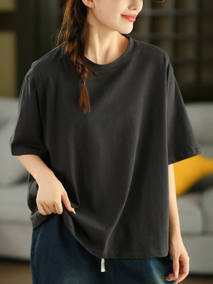 Women Casual Pure Color O-Neck  100%Cotton Shirt