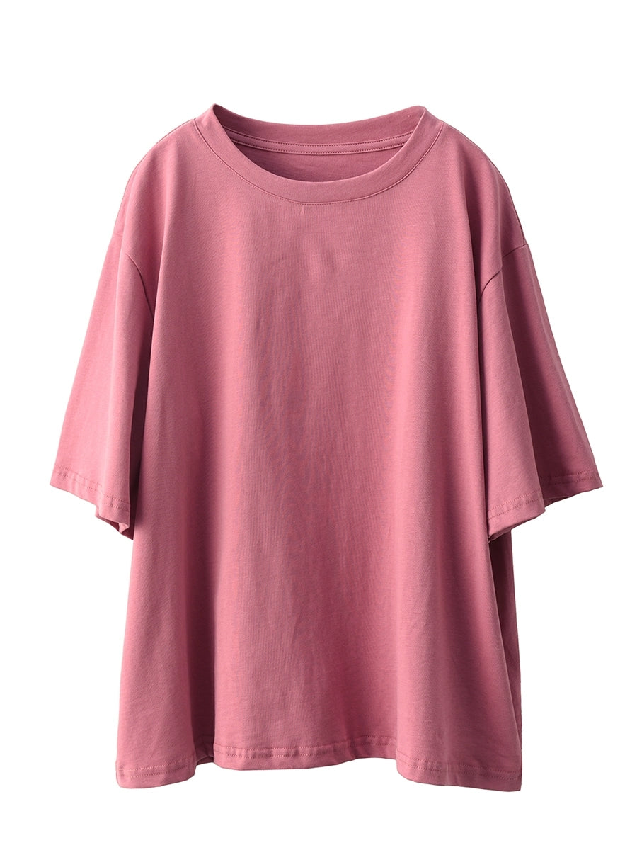 Women Casual Pure Color O-Neck  100%Cotton Shirt