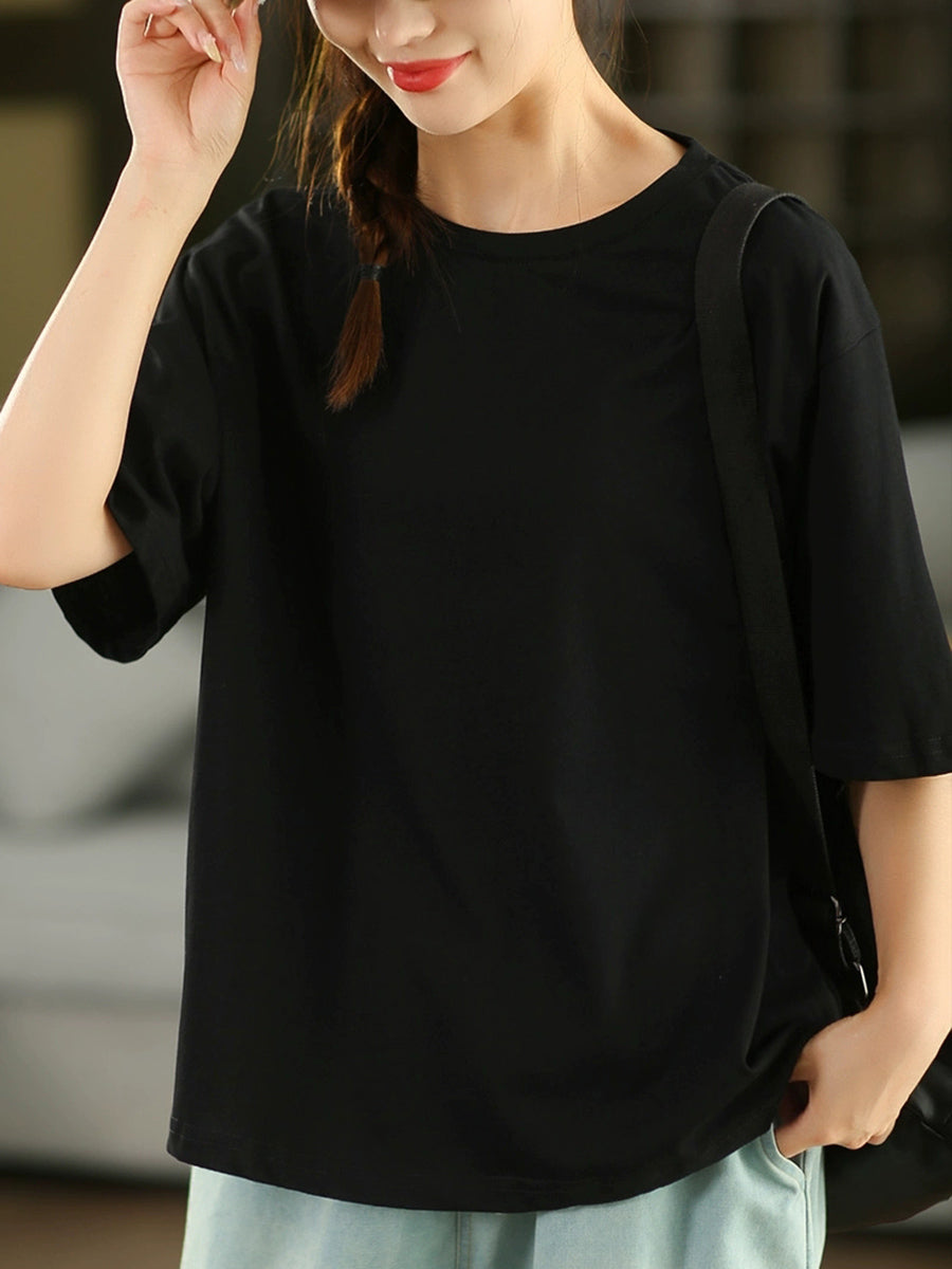 Women Casual Pure Color O-Neck  100%Cotton Shirt