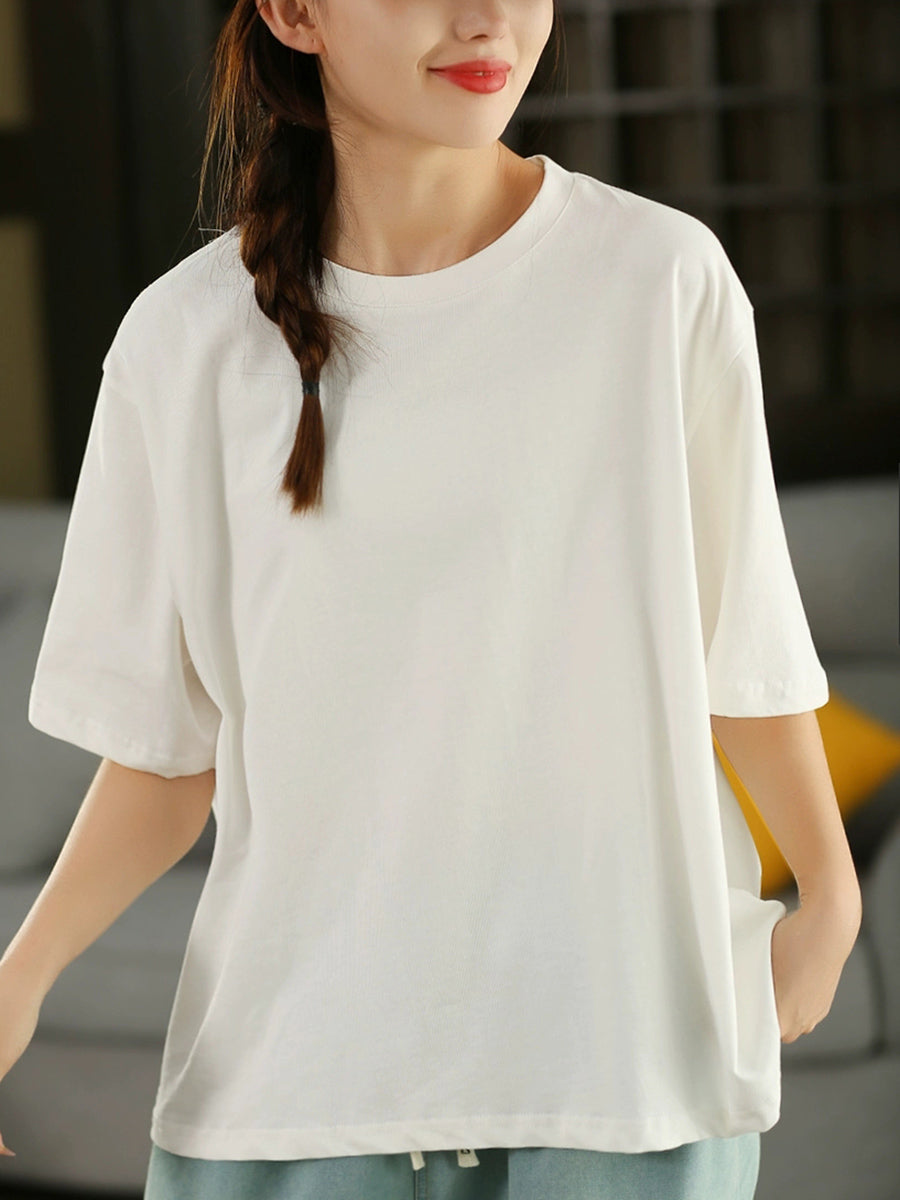 Women Casual Pure Color O-Neck  100%Cotton Shirt